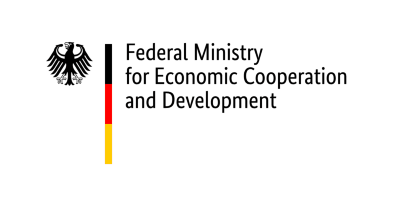 The logo of the German Federal Ministry for Economic Cooperation and Development, with the black, red, and yellow German flag in vertical and, on the left side the German eagle, on the right side the words German Federal Ministry for Economic Cooperation and Development